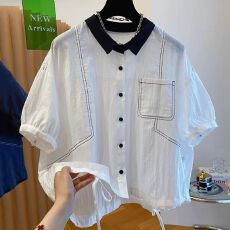 原版 全棉梭织240斤胖妹妹撞色娃娃袖短袖衬衫女夏设计感宽松