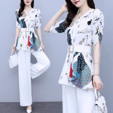 批发时尚套装夏季新款套装女2026年减龄显瘦气质收腰雪纺阔腿裤两件套