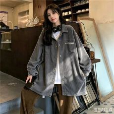 批发春秋复古灰***灯芯绒衬衫<b class='q'>外套女</b>秋新款设计感小众衬衣外穿上衣