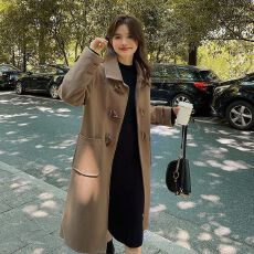 批发牛角扣小个子毛呢大衣女装加厚中长款宽松百搭秋冬季新款呢子外套