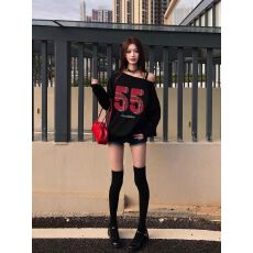 批发仿棉华棉复合牛奶丝310克 秋冬季美式复古辣妹斜肩印花宽松<b class='q'>卫衣</b>女