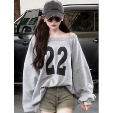 批发仿棉华棉复合牛奶丝310克 秋冬季美式复古辣妹斜肩印花宽松<b class='q'>卫衣</b>女