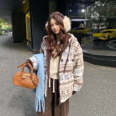 批发冰川雪人费尔岛仿羊羔毛加厚连帽<b class='q'>外套女</b>秋冬款棉服新款保暖棉衣潮