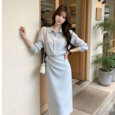 批发一片式围裹衬衫连衣裙女秋季韩系通勤长袖翻领系带收腰显瘦气质