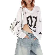 批发美式运动风网眼数字印花长袖T恤女夏<b class='q'>防晒</b>罩衫百搭休闲上衣