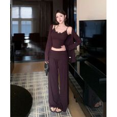批发韩系慵懒穿搭ootd一整套女早秋<b class='q'>蕾丝</b>吊带开衫阔腿裤三件套