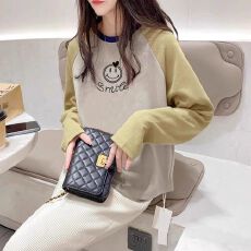批发德绒撞色圆领印花上衣女2025春秋新款休闲小个子洋气显瘦印花长袖