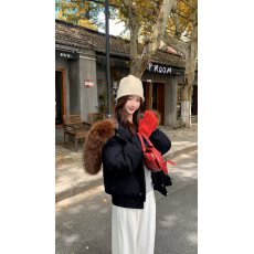 批发HYF牛角扣大毛领连帽棉服<b class='q'>外套</b>女短款冬韩系小个子加厚<b class='q'>工装</b>派克服