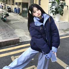 批发冬季新款潮牌设计感双层领格子拼接棉服女宽松面包服<b class='q'>棉衣</b>外套