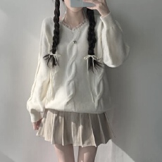 批发有货 <b class='q'>韩国</b>chic<b class='q'>蕾丝</b>系带挂脖V领麻花毛衣慵懒宽松百搭针织衫