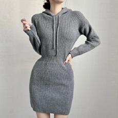 批发有货 韩国chic慵懒风黑色针织连衣裙收腰气质打底内搭连帽毛衣裙