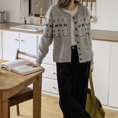 批发有货 <b class='q'>韩国</b>chic撞色提花针织开衫女宽松短款慵懒风外搭毛衣<b class='q'>外套</b>