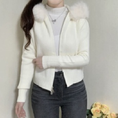 批发有货 <b class='q'>韩国</b>chic连帽毛领长袖针织衫拉链开衫女毛衫小个子上衣