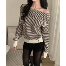 批发有货 韩国chic气质名媛风一字肩条纹针织衫撞色设计感百搭上衣
