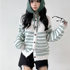 批发有货 韩国chic复古条纹百搭<b class='q'>针织</b><b class='q'>开衫</b>宽松百搭显瘦软糯毛衣外套潮