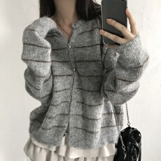 批发有货 韩国chic百搭打底羊驼毛针织衫<b class='q'>条纹</b>小金扣毛衣外套外穿