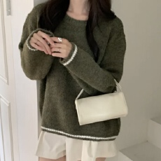 批发有货 韩国chic复古宽松慵懒风套头毛衣<b class='q'>中长款</b>软糯浣熊绒针织上衣