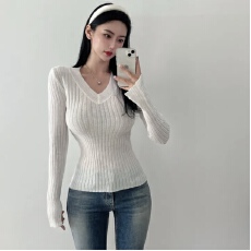 批发有货 韩国chic打底针织布料 V领内搭长袖<b class='q'>针织衫</b>女修身软糯<b class='q'>打底衫</b>