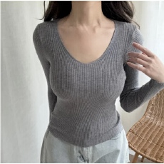 批发有货 韩国chicV领针织<b class='q'>打底衫</b>韩版套头毛衣女百搭长袖修身上衣