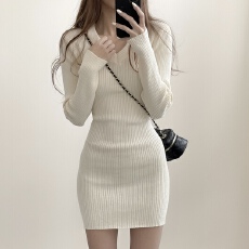 批发有货 韩国chic复古设计感V领修身打底针织连衣裙女包臀裙