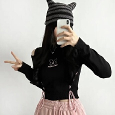 批发有货 韩国chic设计感露肩针织毛衣甜酷风修身辣妹<b class='q'>短款</b>小个子上衣