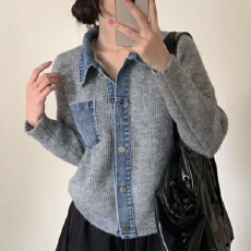 批发有货 <b class='q'>韩国</b>chic 高档毛衣<b class='q'>外套</b>复古<b class='q'>牛仔</b>拼接毛衣上衣短