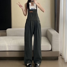 批发有货 韩国chic复古牛仔背带裤高腰宽松<b class='q'>阔</b><b class='q'>腿</b>设计感<b class='q'>连体裤</b>子