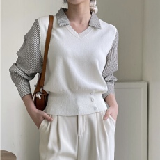 批发有货 韩国chic假两件毛衣新款拼接条纹下摆开扣<b class='q'>针织衫</b>上衣女