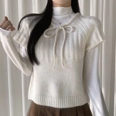 批发有货 韩国chic减龄领口系带插肩袖套头短袖针织衫外搭叠穿毛衣