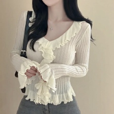 批发有货 韩国chic木耳边V领套头针织衫修身显瘦气质<b class='q'>喇叭袖</b><b class='q'>上衣</b>