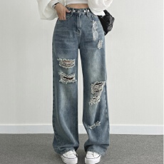 批发有货 <b class='q'>韩国</b>chic破洞直筒<b class='q'>牛仔裤</b>