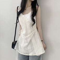 批发有货 韩国chic镂空叠穿连衣裙设计蕾丝女装吊带抽绳收腰短裙