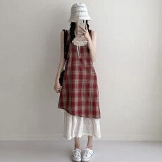 批发有货 韩国chic格纹<b class='q'>吊带裙</b>连衣裙假两件拼接<b class='q'>蕾丝</b>设计长裙