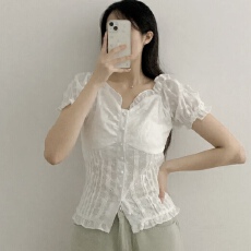 批发有货 韩国chic蕾丝泡泡袖<b class='q'>衬衣</b>女<b class='q'>修身</b>显瘦短袖<b class='q'>衬衫</b>甜美上衣