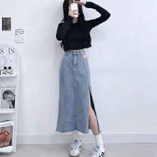 批发有货 韩国chic高腰开叉牛仔<b class='q'>半身</b>裙显瘦a字包臀中<b class='q'>长裙</b>子