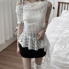 批发有货 <b class='q'>韩国</b>chic纯欲不规则<b class='q'>蕾丝</b>一字肩短袖T恤女夏新款修身显瘦上衣