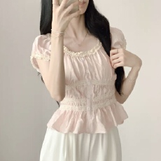 批发有货 <b class='q'>韩国</b>chic方领露肩蕾丝花边短袖衬衫甜美温柔上衣女