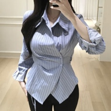 批发有货 韩国chic设计感衬衫女收腰时髦<b class='q'>不规则</b>百搭上衣