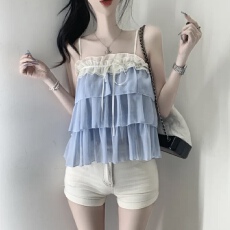 批发有货 韩国chic吊带上衣设计感多层荷叶花边小衫