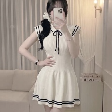 批发有货 韩国chic撞色polo领短袖针织<b class='q'>连衣裙</b>收腰修身学院风A字短裙