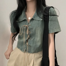 批发有货 <b class='q'>韩国</b>chic设计感高端小众系带修身显瘦复古<b class='q'>牛仔</b>短袖
