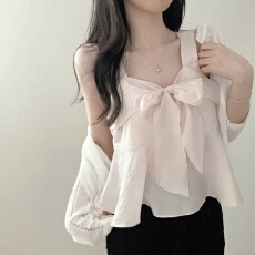 批发有货 <b class='q'>韩国</b>chic背心吊带系带蝴蝶结气质洋气荷叶边短款无袖<b class='q'>上衣</b>