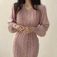 批发有货  韩国chic复古优雅V领麻花纹修身显瘦后开叉针织包臀连衣裙