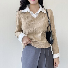 批发有货 韩国chic学院风衬衣领拼接麻花<b class='q'>假两件</b>长袖上衣