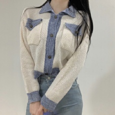 批发货多多 韩国chic洋气时尚拼接撞色小香风针织<b class='q'>开衫</b>