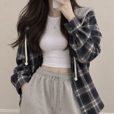 批发有货 韩国chic连帽<b class='q'>格子衬衫</b>休闲宽松百搭磨毛外套衬衣