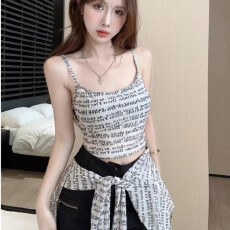 批发辣妹修身显瘦字母满印花吊带背心女秋季长袖开衫薄款上衣两件<b class='q'>套装</b>