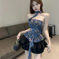 批发夏季辣妹复古气质油画蝴蝶印花显瘦荷叶边立体花围脖上衣<b class='q'>百搭</b>女