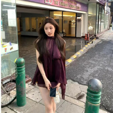 批发紫色飘带<b class='q'>无袖</b>v领挂脖雪纺罩衫女夏季设计感宽松网纱气质微透上衣
