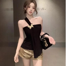 批发2025新款纯欲性感单肩抹胸背心女<b class='q'>夏季</b>修身设计感短款黑色不带<b class='q'>饰品</b>